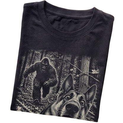 Black German Shepherd Bigfoot selfie T-shirt, close-up view