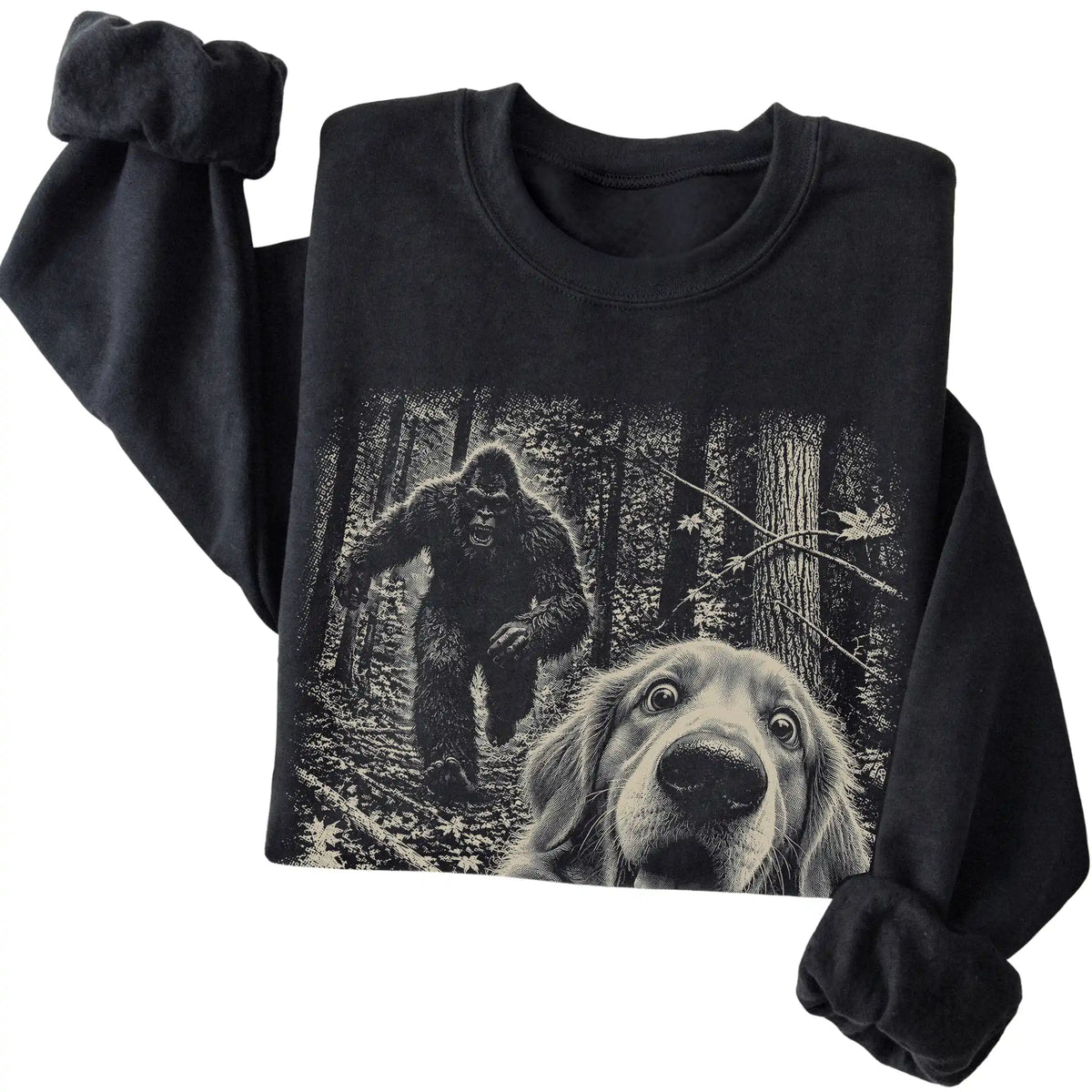Black Golden Retriever Bigfoot selfie sweatshirt, close-up view