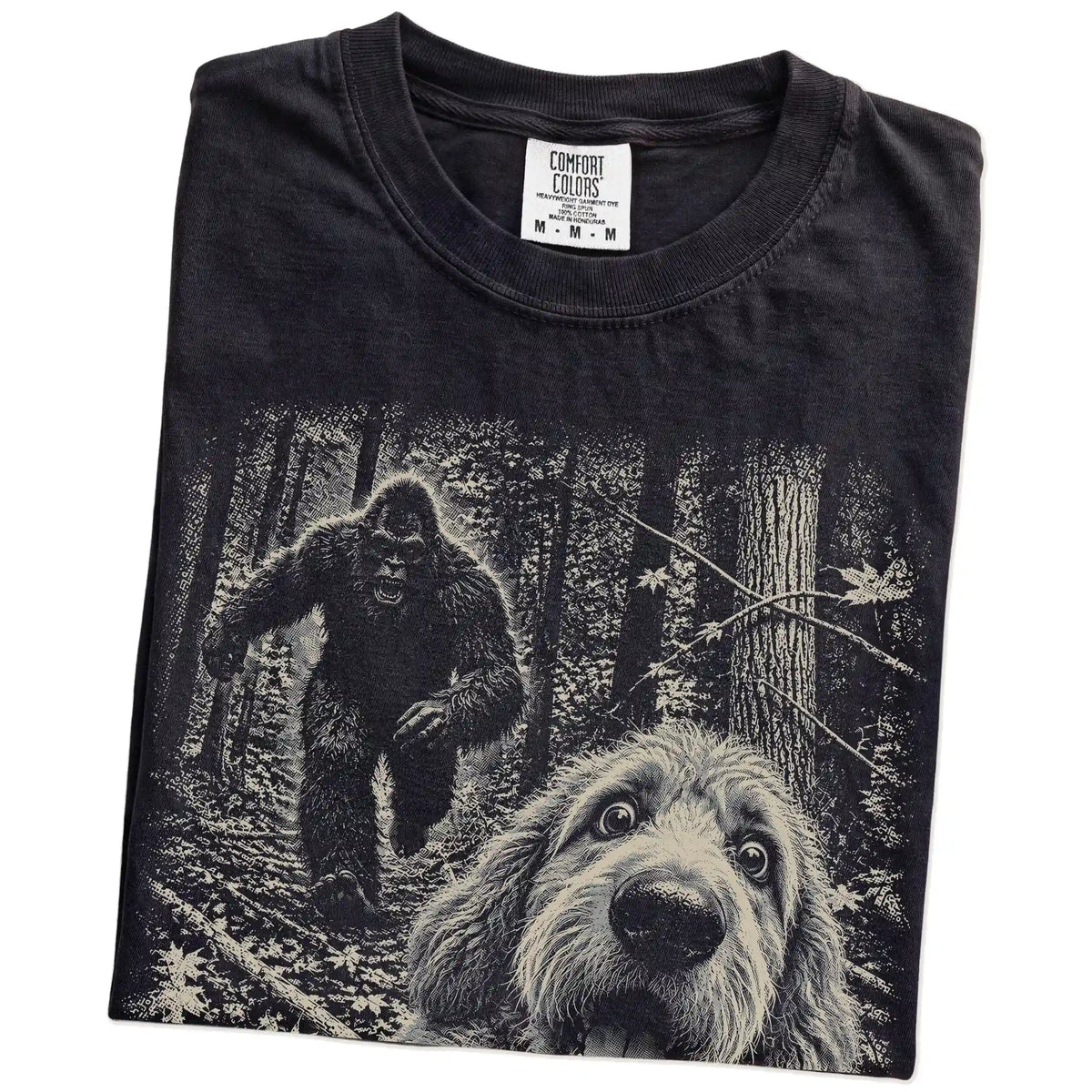 Black Goldendoodle Bigfoot selfie T-shirt, close-up view