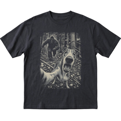 Black Greyhound Bigfoot selfie T-shirt, full garment view