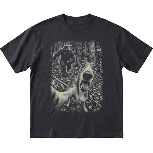 Black Greyhound Bigfoot selfie T-shirt, full garment view