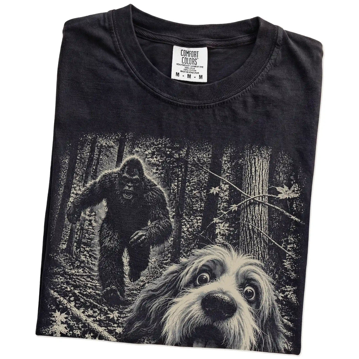 Black Havanese Bigfoot selfie T-shirt, close-up view