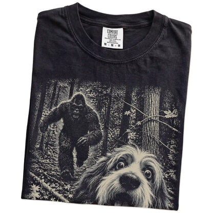 Black Havanese Bigfoot selfie T-shirt, close-up view