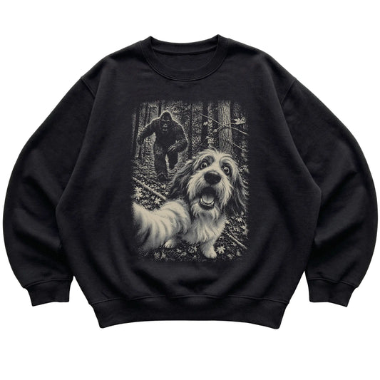 Black Havanese Bigfoot selfie sweatshirt, full garment view