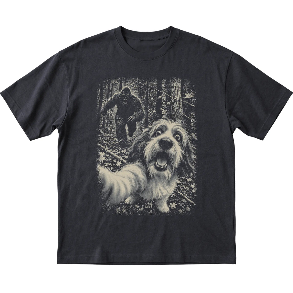 Black Havanese Bigfoot selfie T-shirt, full garment view