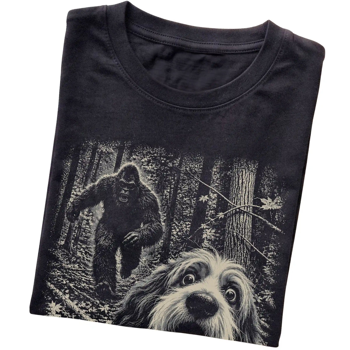 Black Havanese Bigfoot selfie T-shirt, close-up view