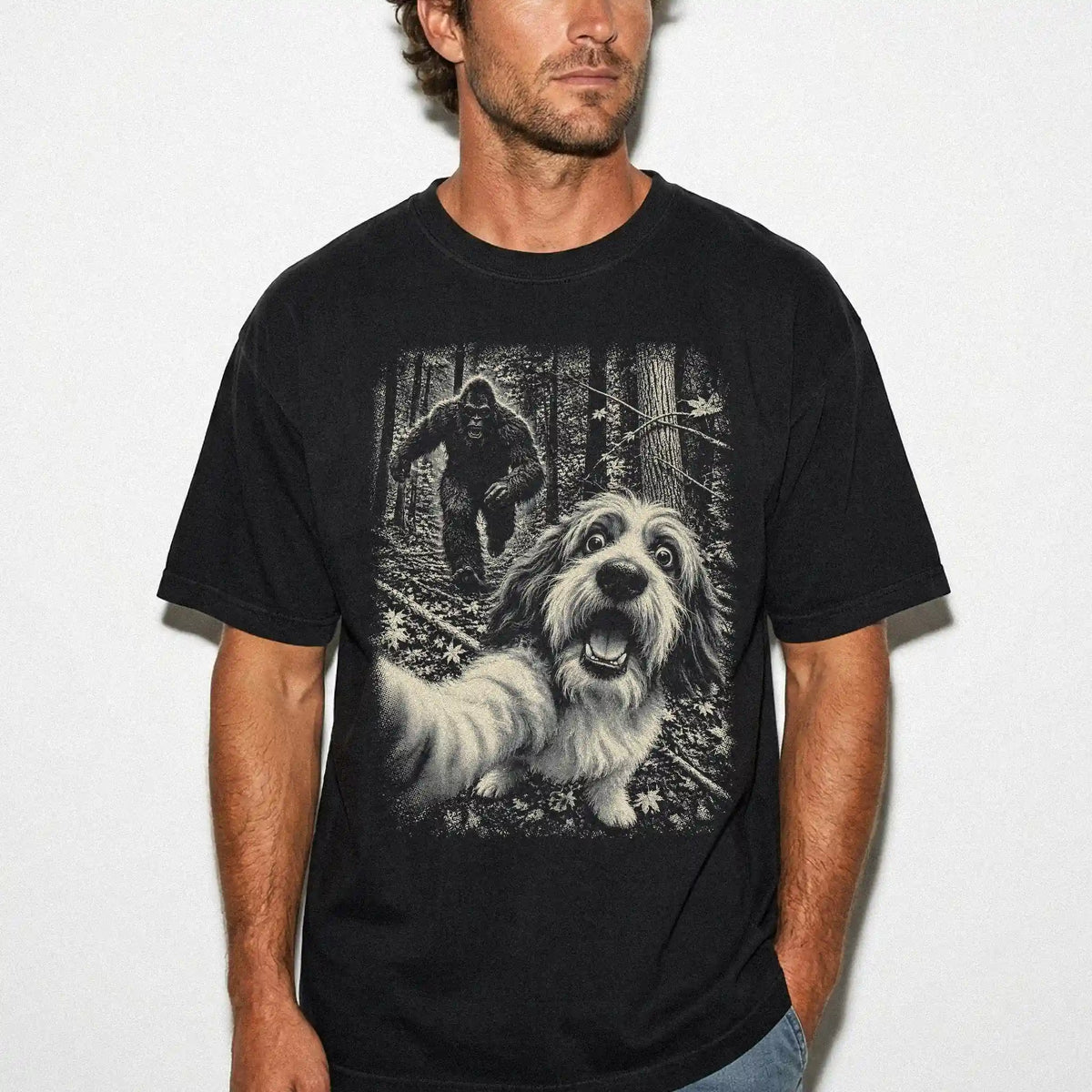 Black Havanese Bigfoot selfie T-shirt, worn by a model