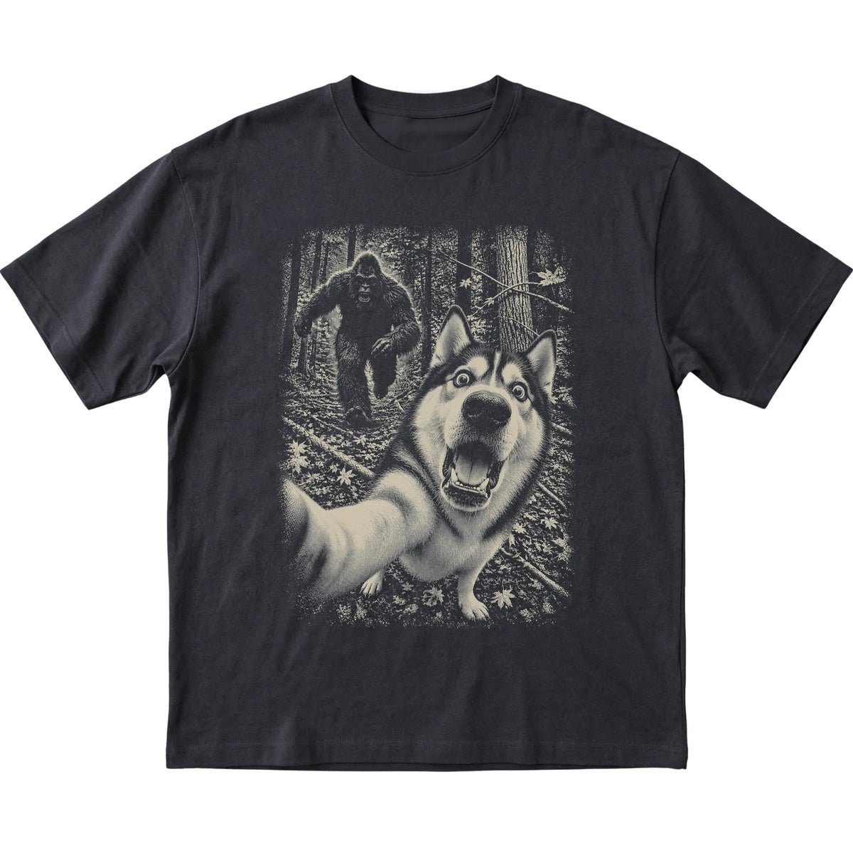 Black Husky Bigfoot selfie T-shirt, full garment view