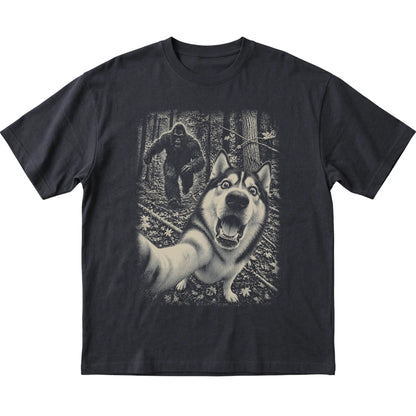 Black Husky Bigfoot selfie T-shirt, full garment view