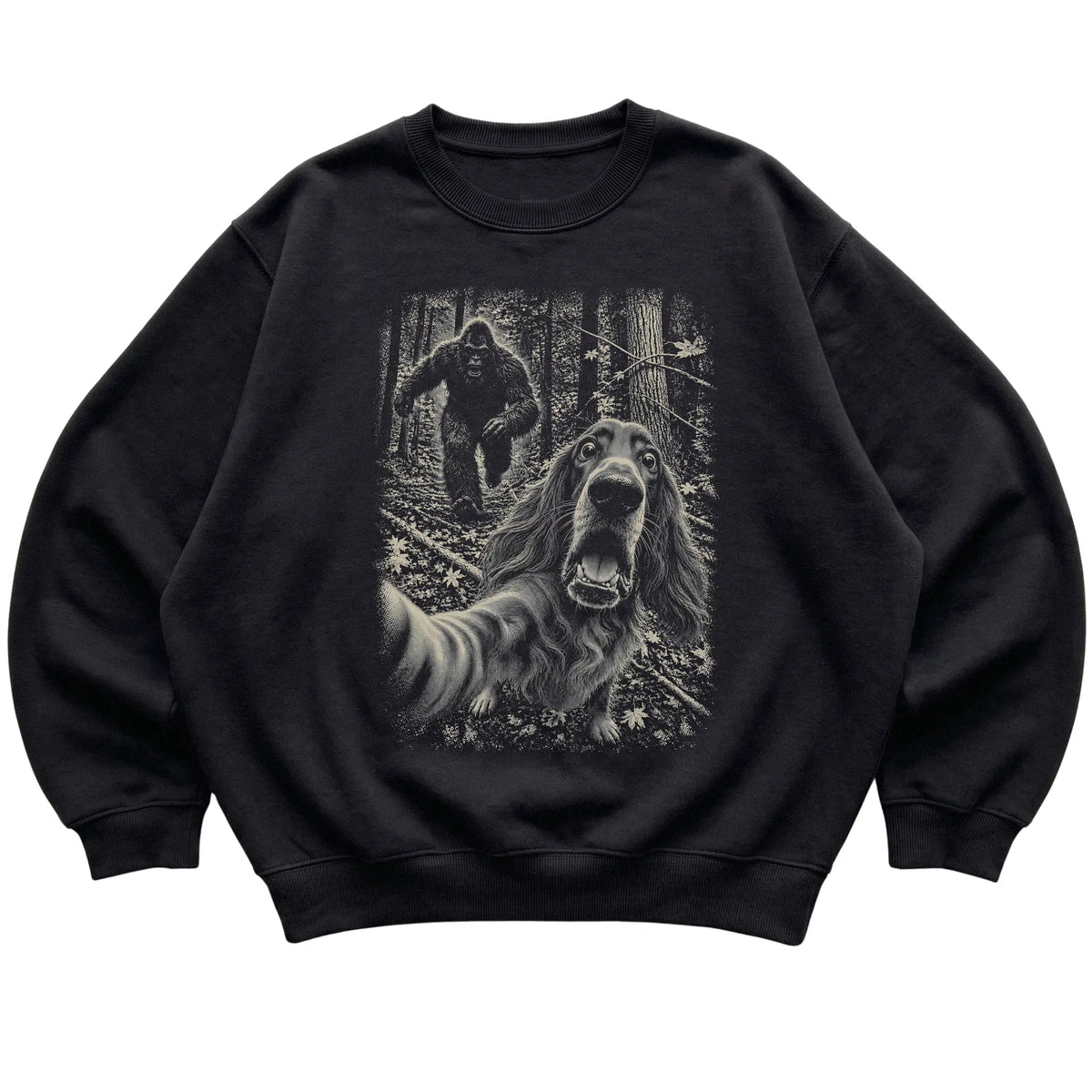 Black Irish Setter Bigfoot selfie sweatshirt, full garment view