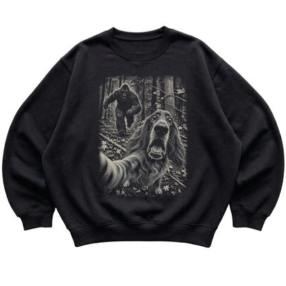 Black Irish Setter Bigfoot selfie sweatshirt, full garment view