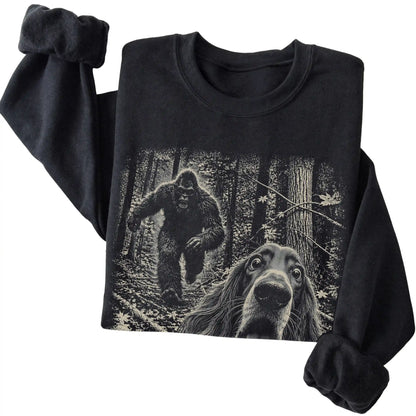 Black Irish Setter Bigfoot selfie sweatshirt, close-up view