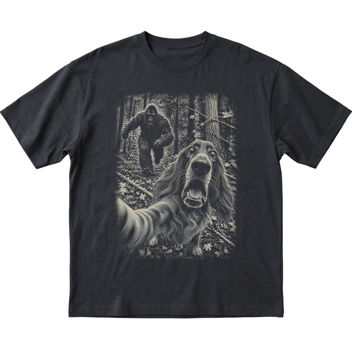 Black Irish Setter Bigfoot selfie T-shirt, full garment view