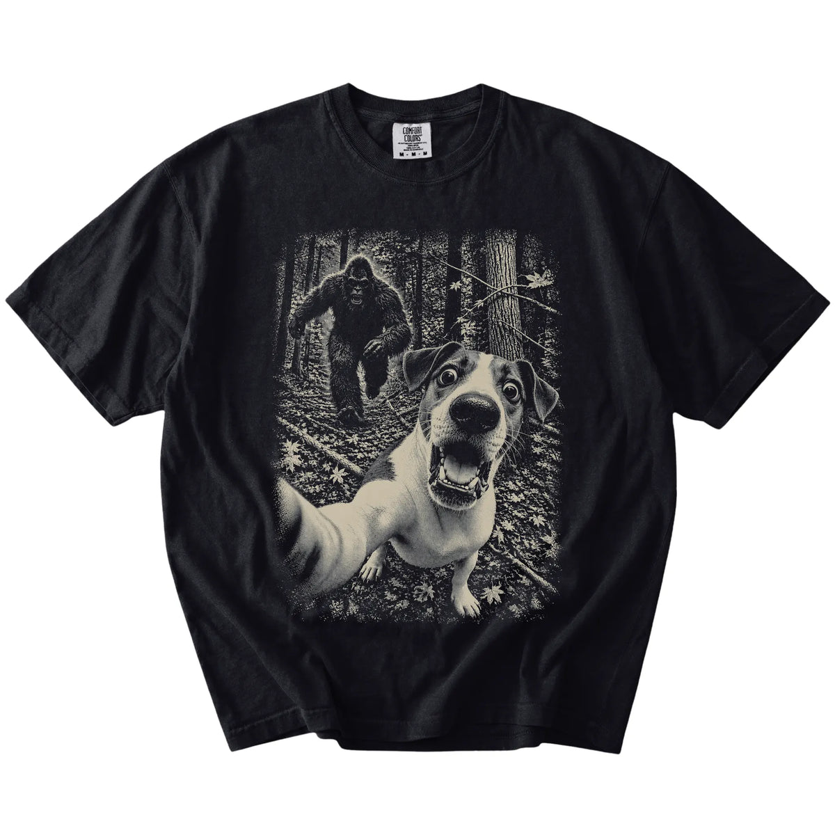 Black Jack Russell Bigfoot selfie T-shirt, full garment view