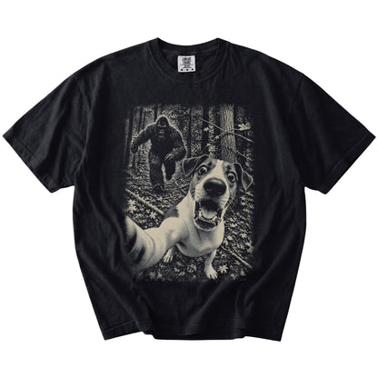Black Jack Russell Bigfoot selfie T-shirt, full garment view