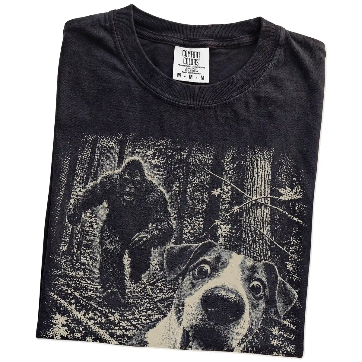 Black Jack Russell Bigfoot selfie T-shirt, close-up view
