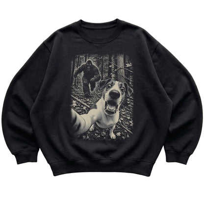 Black Jack Russell Bigfoot selfie sweatshirt, full garment view