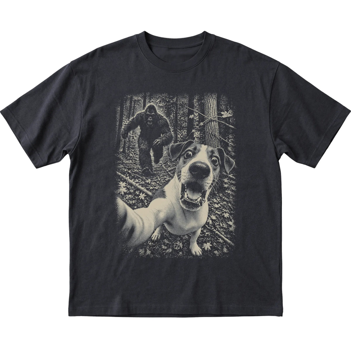 Black Jack Russell Bigfoot selfie T-shirt, full garment view