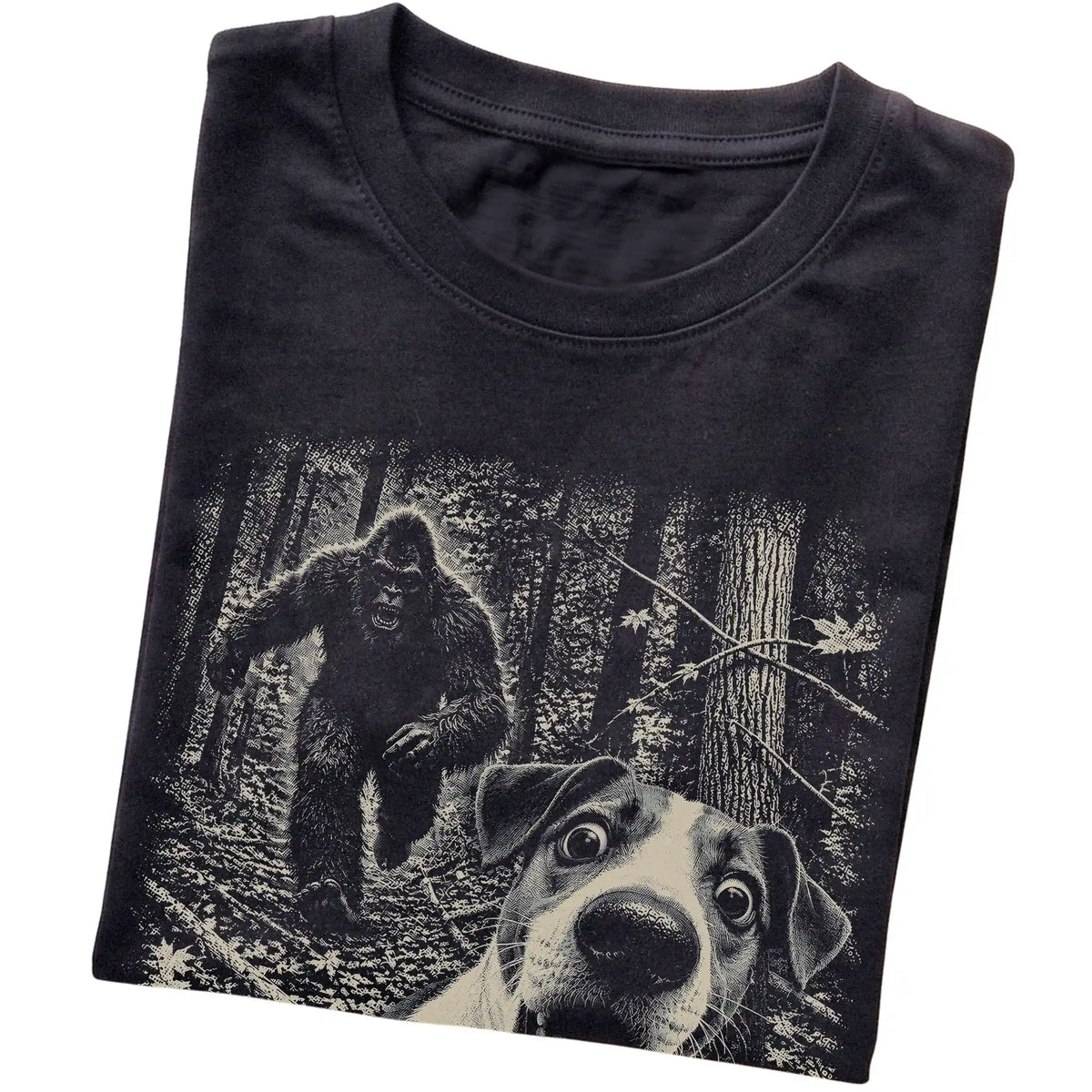 Black Jack Russell Bigfoot selfie T-shirt, close-up view