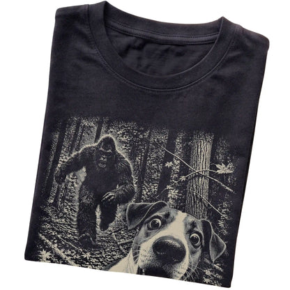 Black Jack Russell Bigfoot selfie T-shirt, close-up view
