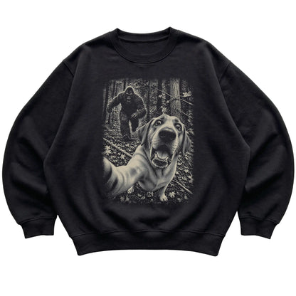 Black Labrador Retriever Bigfoot selfie sweatshirt, full garment view