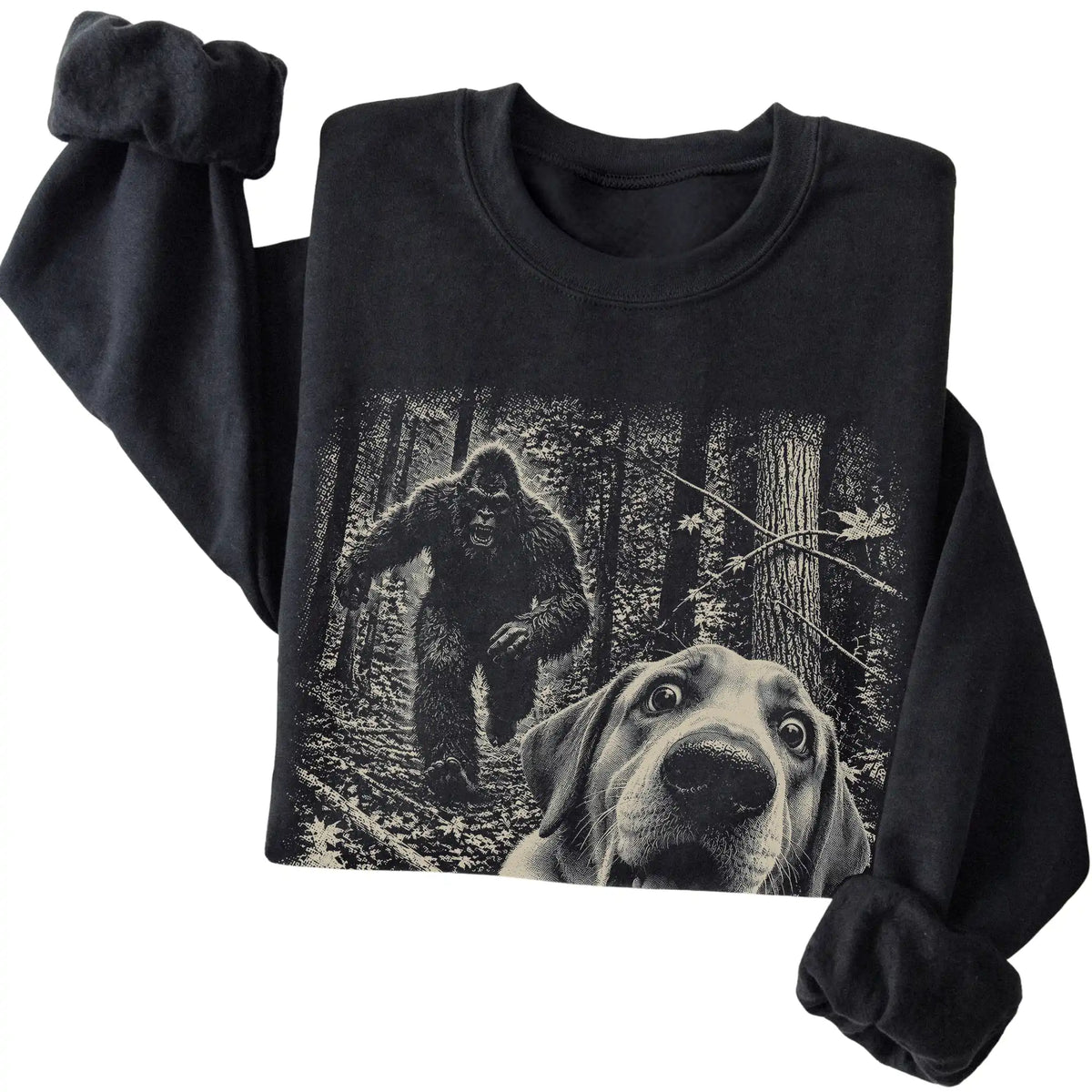 Black Labrador Retriever Bigfoot selfie sweatshirt, close-up view