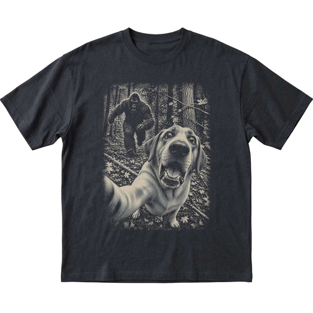 Black Labrador Retriever Bigfoot selfie T-shirt, full garment view