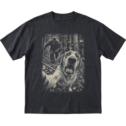 Black Labrador Retriever Bigfoot selfie T-shirt, full garment view