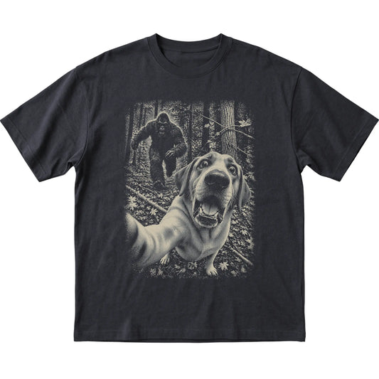 Black Labrador Retriever Bigfoot selfie T-shirt, full garment view