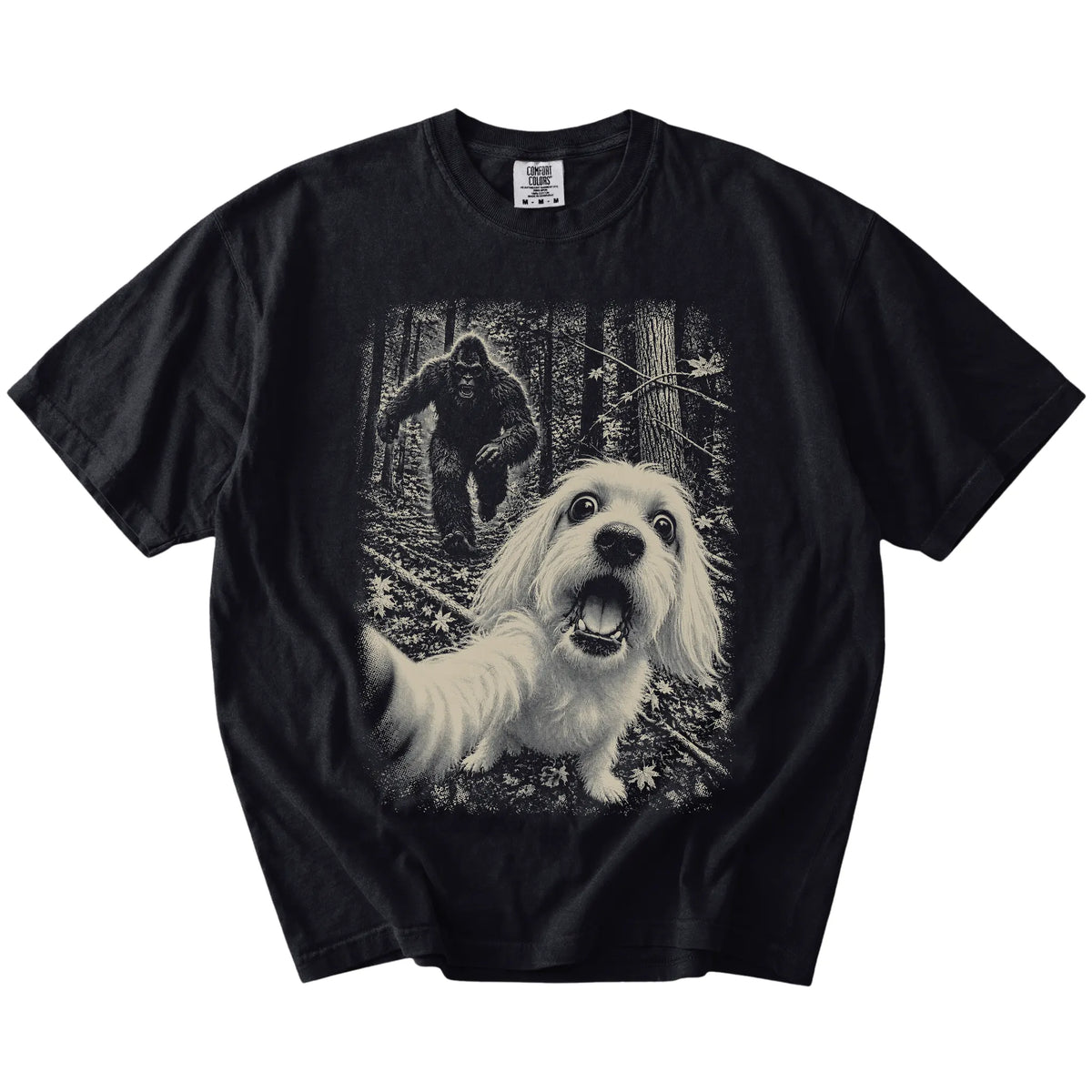 Black Maltese Bigfoot selfie T-shirt, full garment view