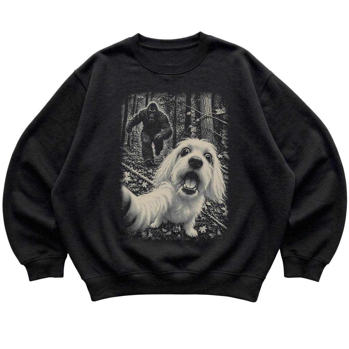 Black Maltese Bigfoot selfie sweatshirt, full garment view