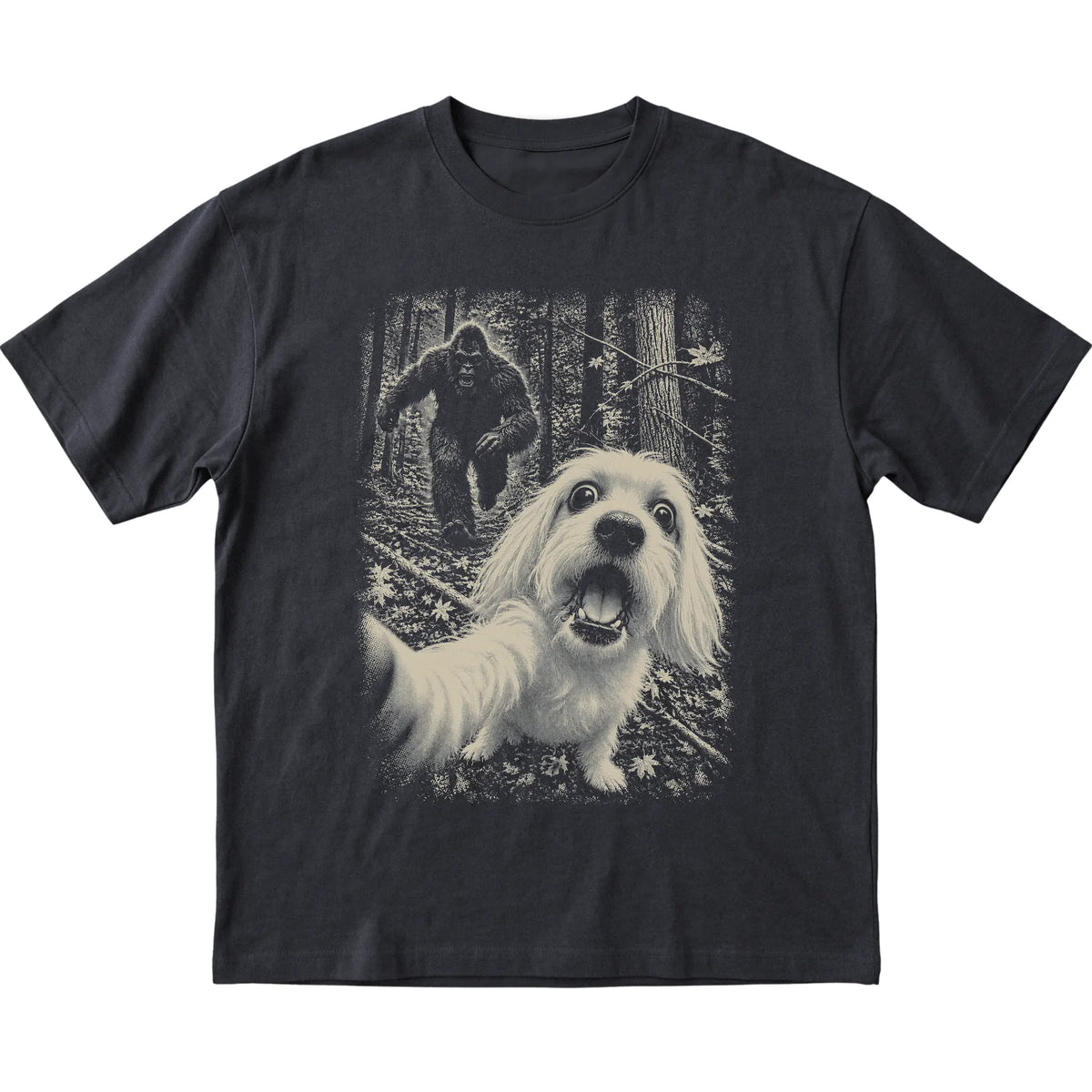 Black Maltese Bigfoot selfie T-shirt, full garment view