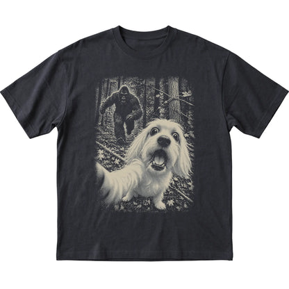 Black Maltese Bigfoot selfie T-shirt, full garment view