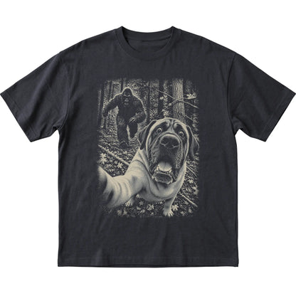 Black Mastiff Bigfoot selfie T-shirt, full garment view