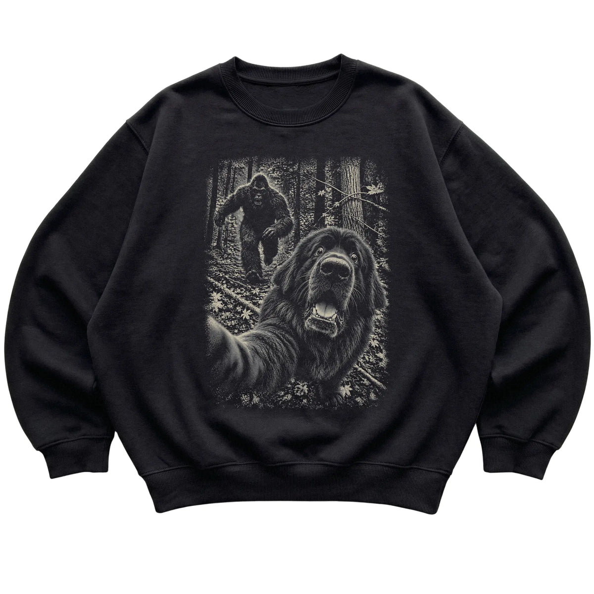 Black Newfie Bigfoot selfie sweatshirt, full garment view