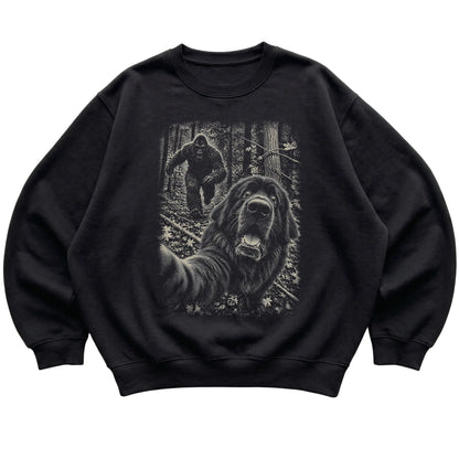 Black Newfie Bigfoot selfie sweatshirt, full garment view