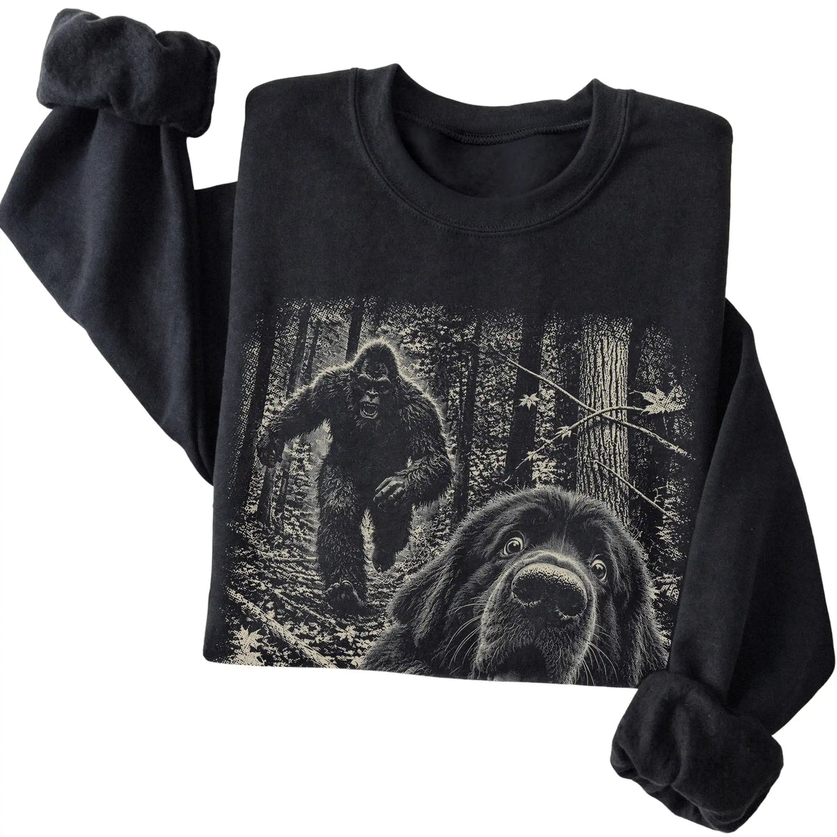 Black Newfie Bigfoot selfie sweatshirt, close-up view