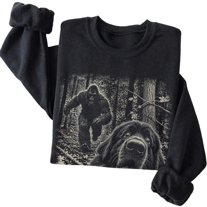Black Newfie Bigfoot selfie sweatshirt, close-up view