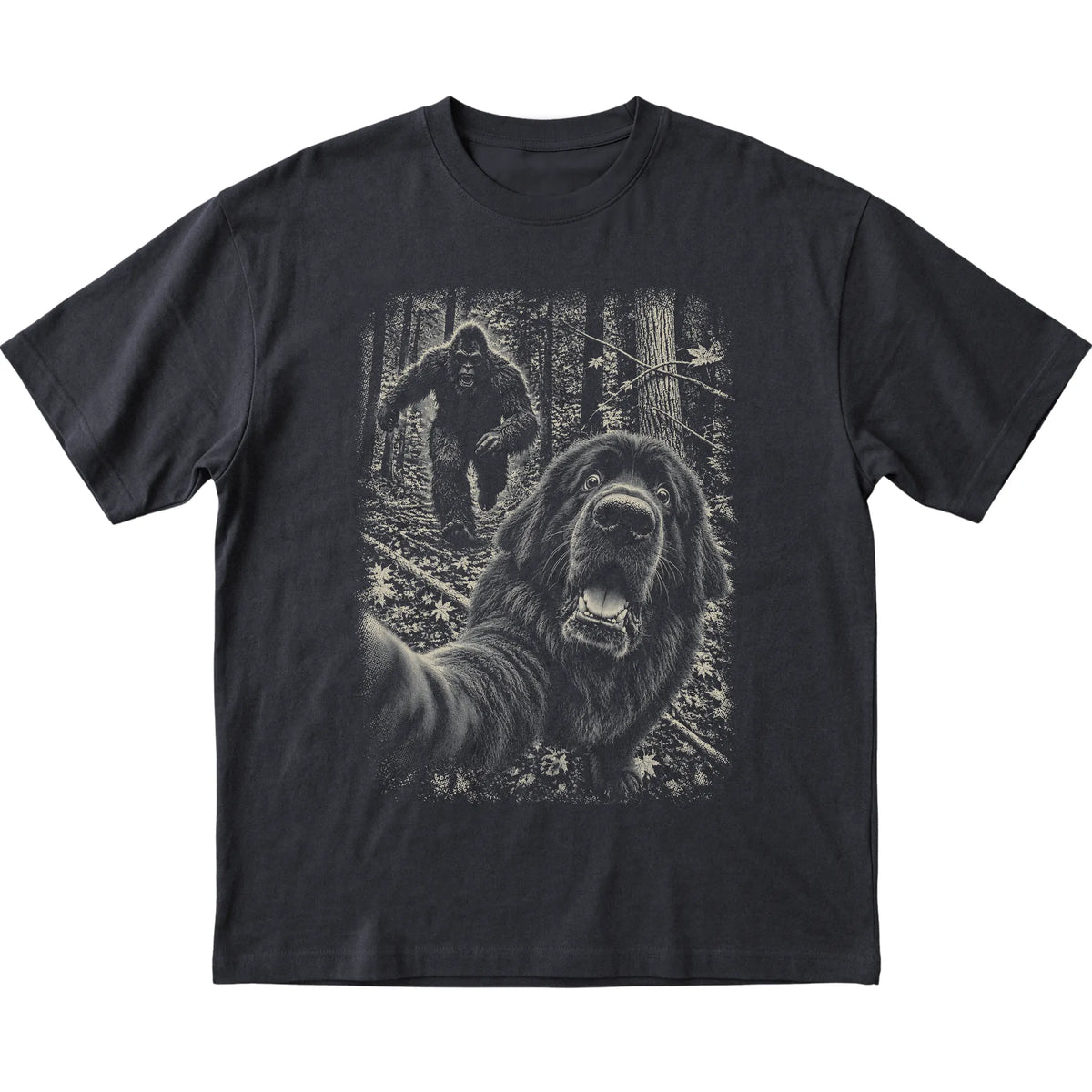 Black Newfie Bigfoot selfie T-shirt, full garment view