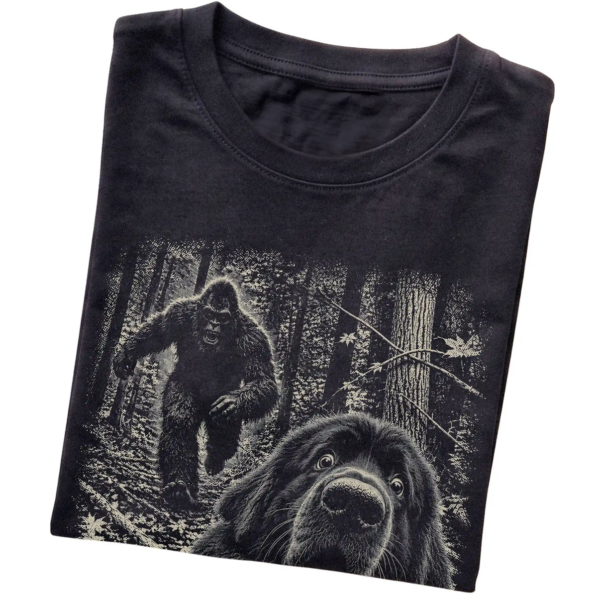 Black Newfie Bigfoot selfie T-shirt, close-up view