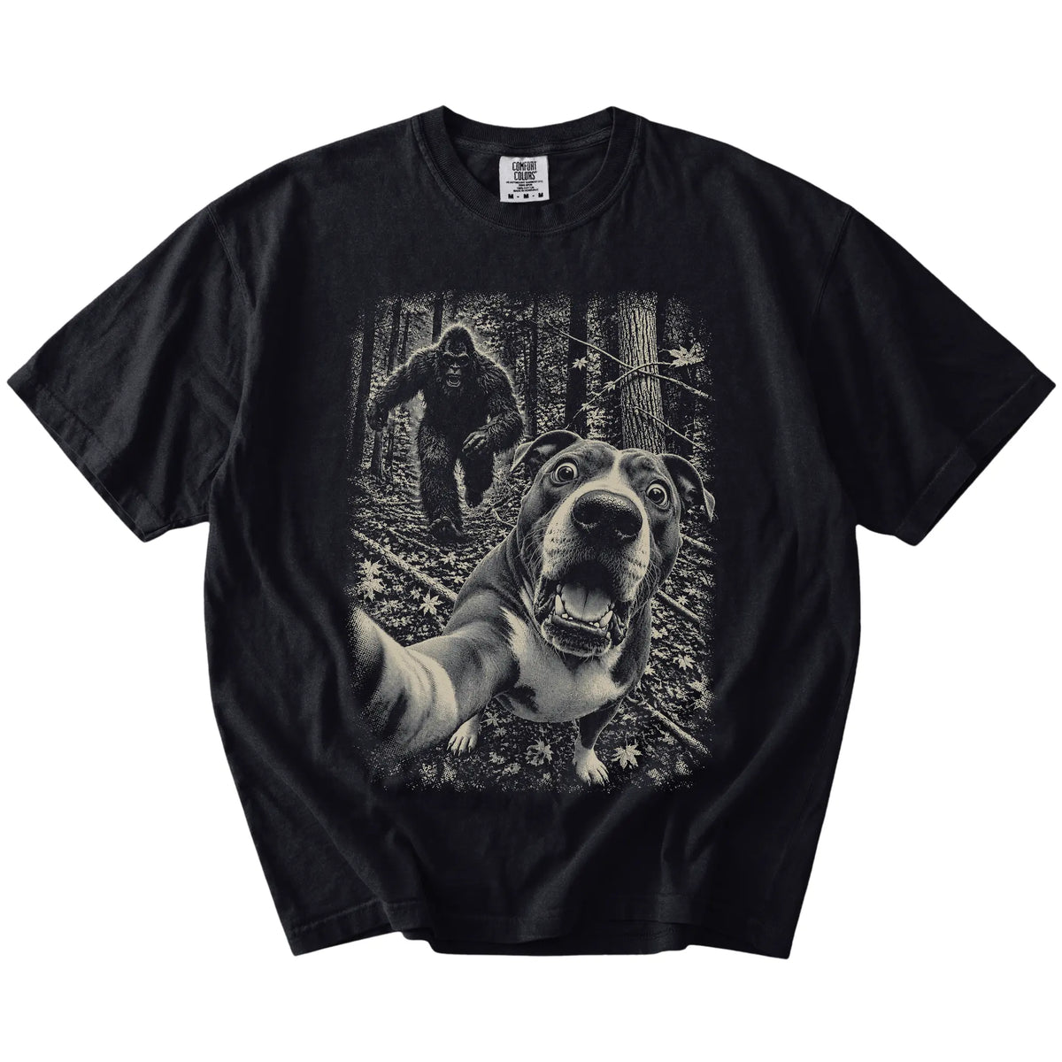 Black Pitbull Bigfoot selfie T-shirt, full garment view