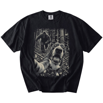 Black Pitbull Bigfoot selfie T-shirt, full garment view