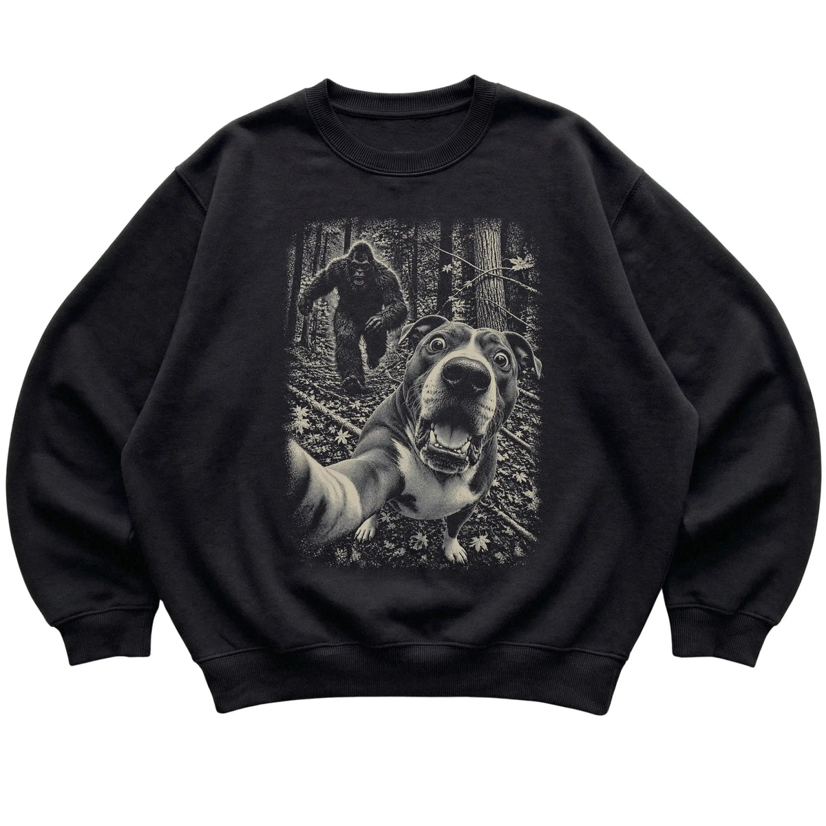 Black Pitbull Bigfoot selfie sweatshirt, full garment view