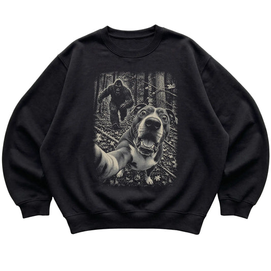 Black Pitbull Bigfoot selfie sweatshirt, full garment view