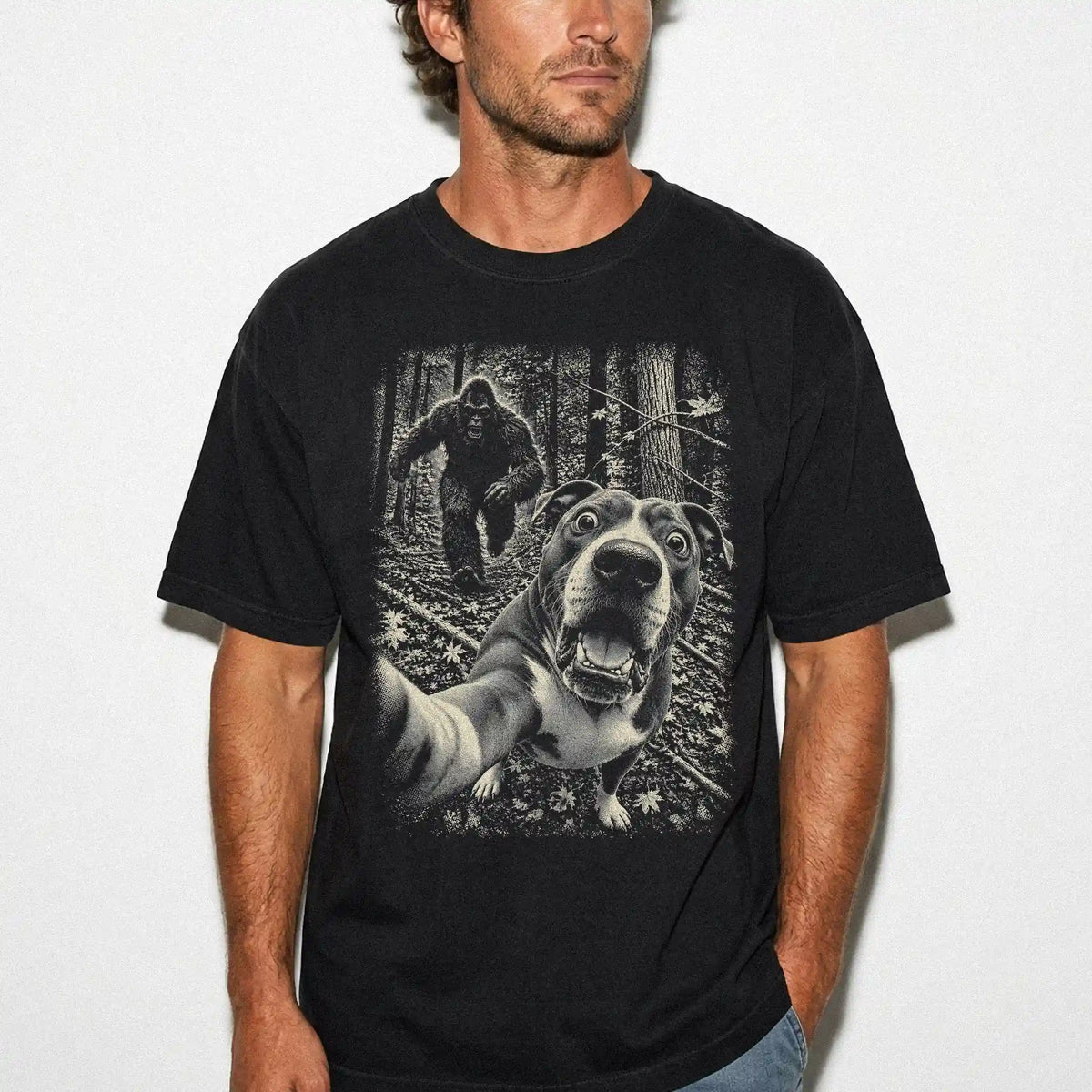 Black Pitbull Bigfoot selfie T-shirt, worn by a model