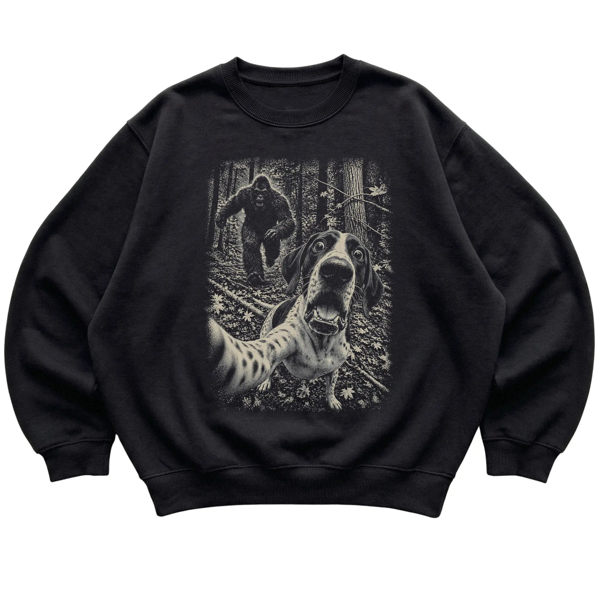 Black Pointer Bigfoot selfie sweatshirt, full garment view