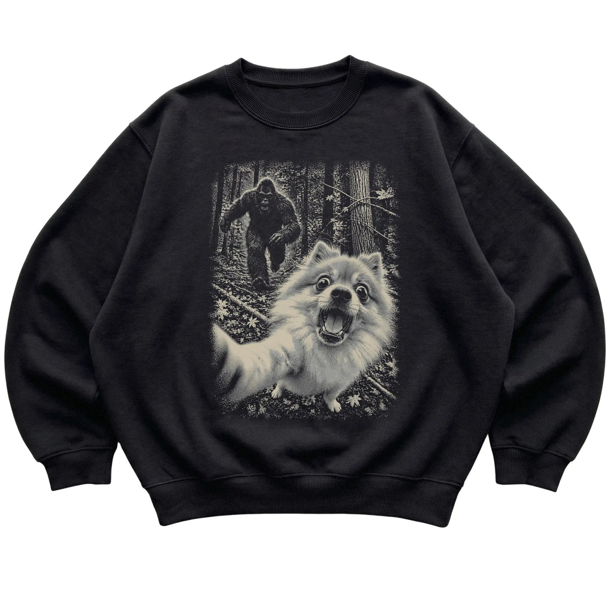 Black Pomeranian Bigfoot selfie sweatshirt, full garment view