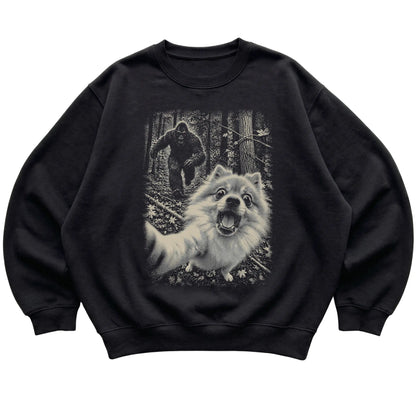 Black Pomeranian Bigfoot selfie sweatshirt, full garment view
