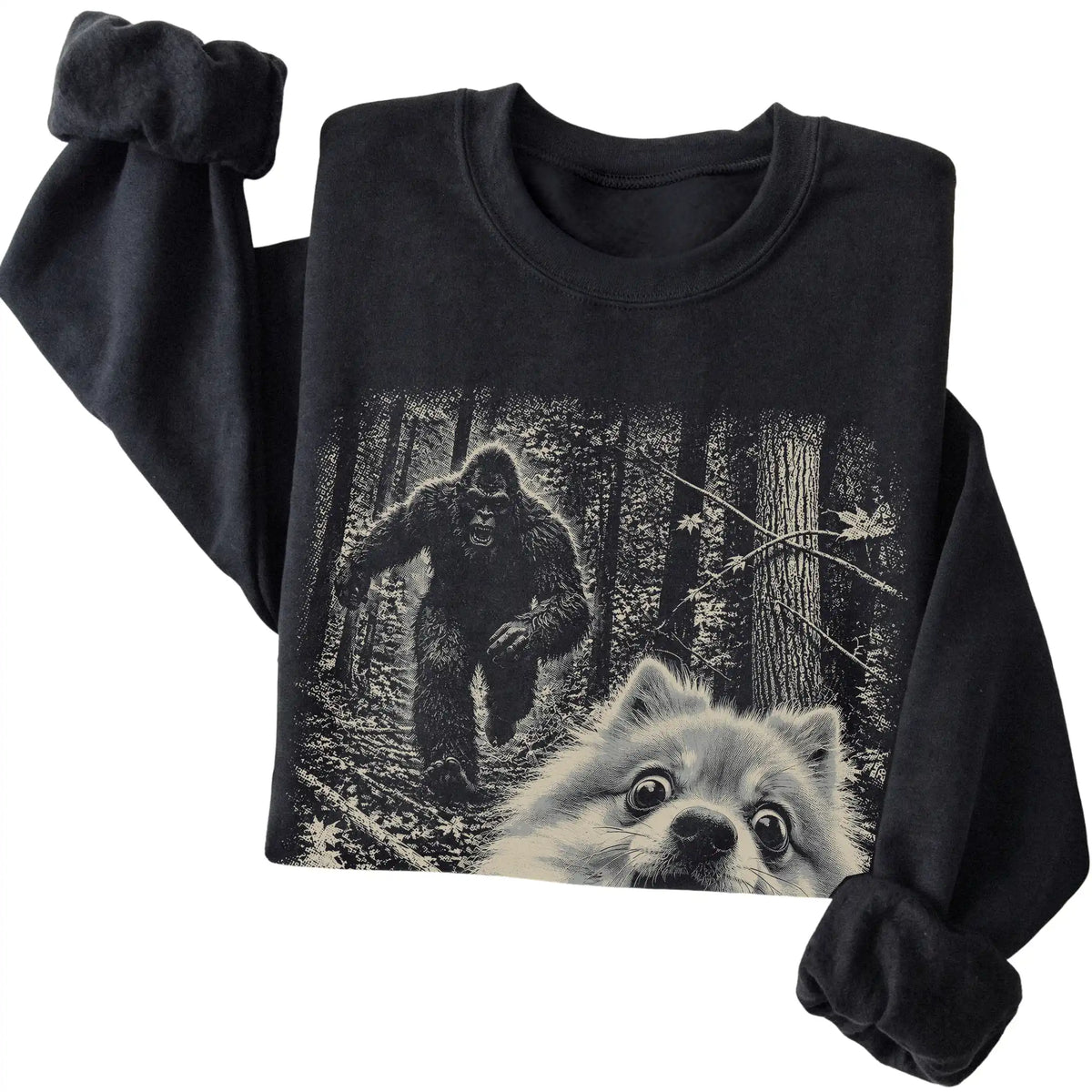 Black Pomeranian Bigfoot selfie sweatshirt, close-up view
