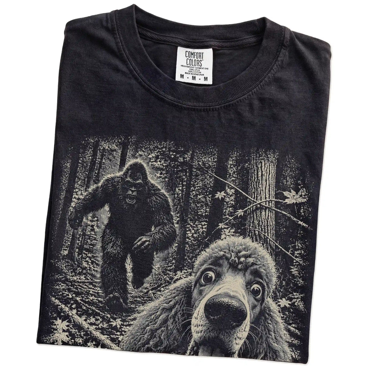 Black Poodle Bigfoot selfie T-shirt, close-up view
